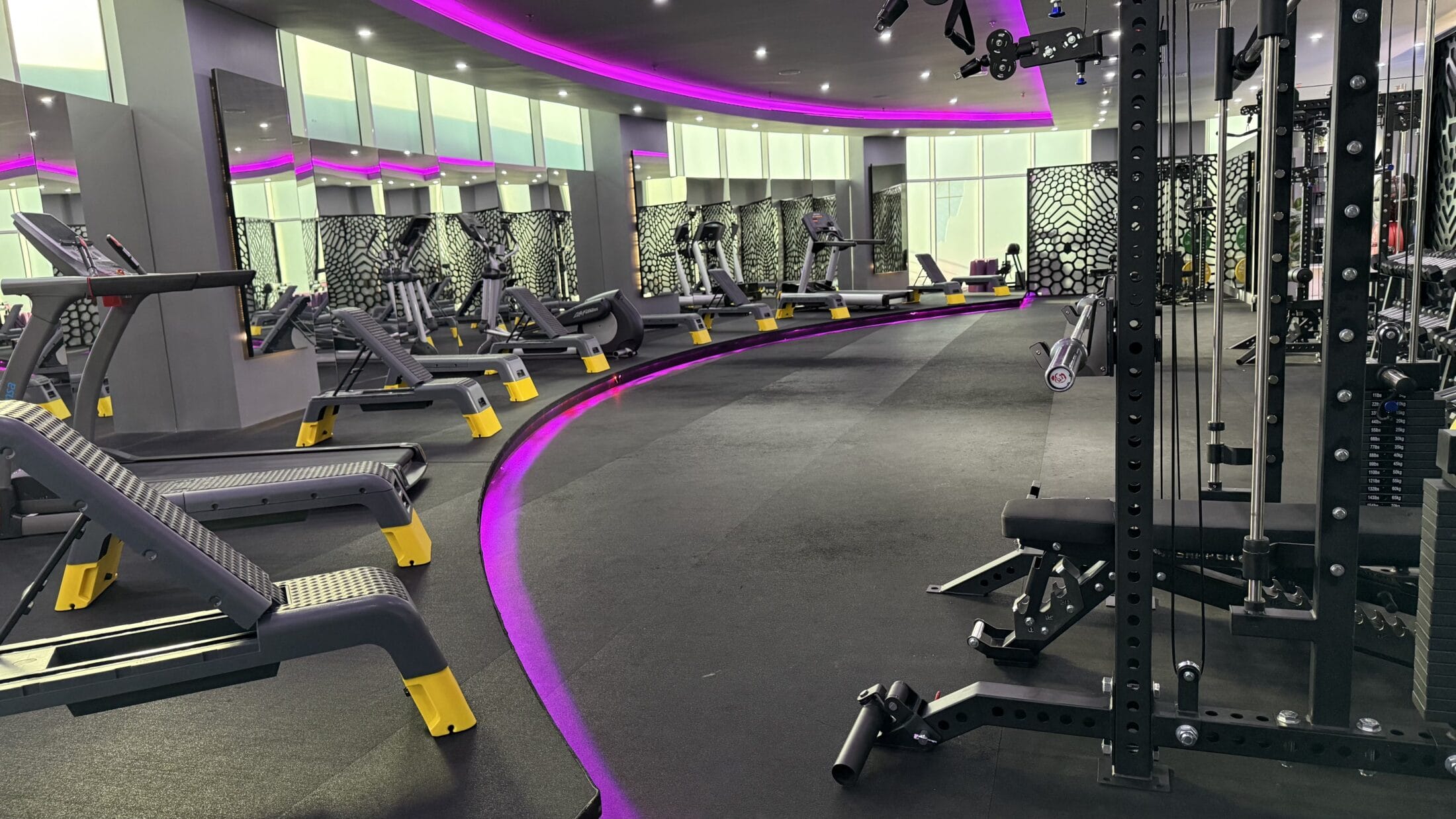 Modern gym with mirrored walls, black benches, and equipment. Neon purple lighting lines the ceiling and curves along the black floor. Several weight benches, machines, and treadmills are visible, creating a sleek, futuristic atmosphere.